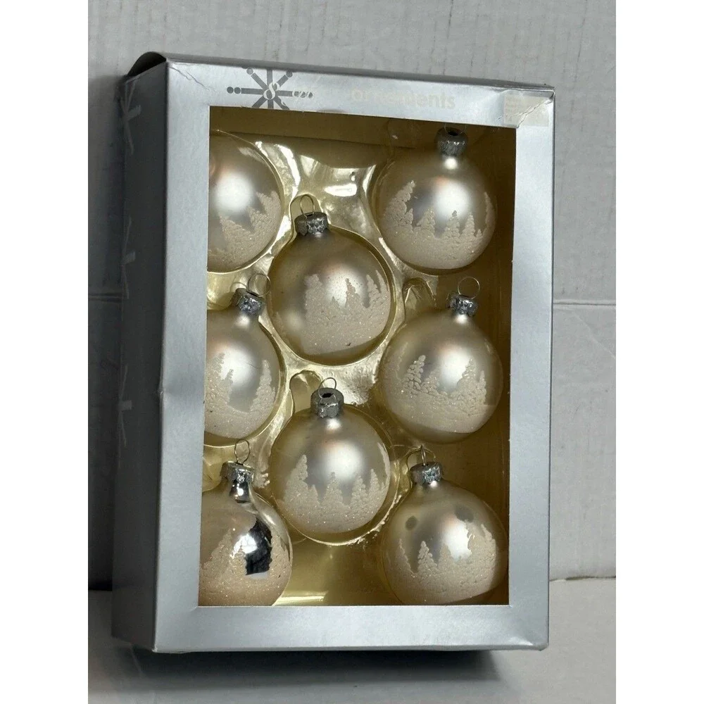 9 Glass Christmas Ornaments Frosted Glitter Winter Trees Ivory w/ Box